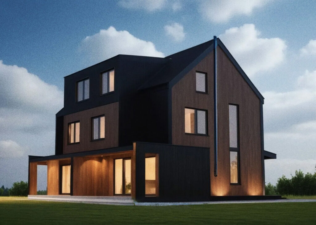 Современный деревянный дом вечером