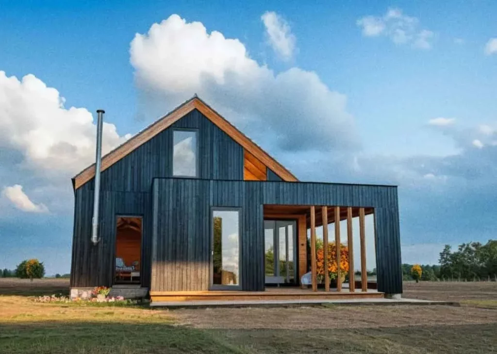 Современный деревянный дом на фоне неба и поля, Префаб дом из сип-панелей в Сербии, Нови Сад
