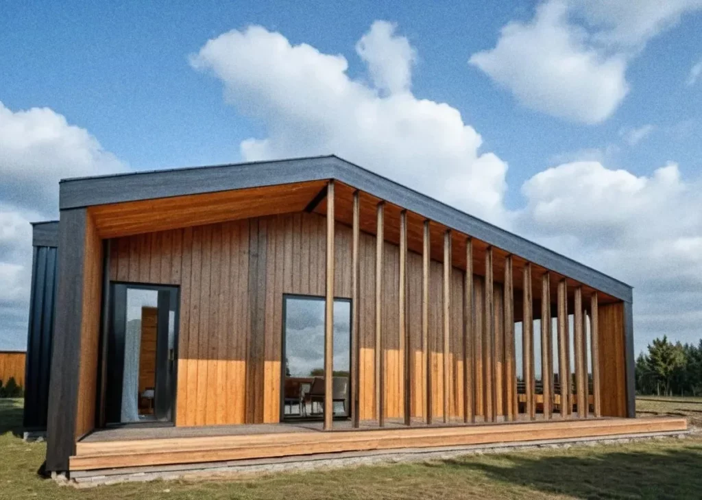 Современный деревянный дом на фоне облаков