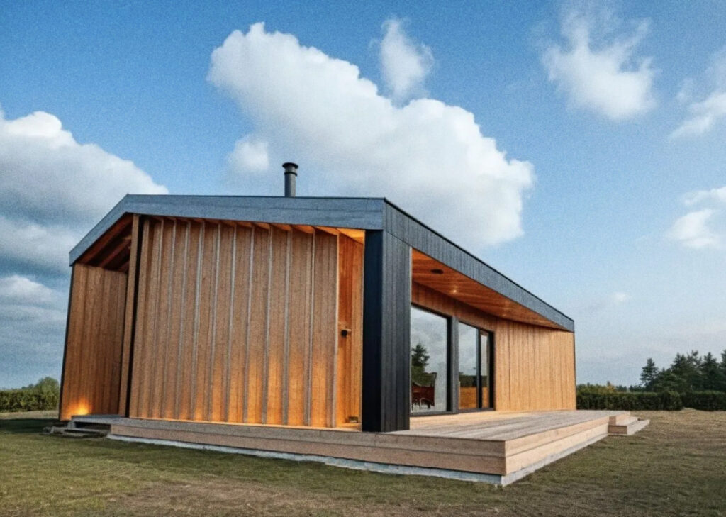 Современный деревянный дом с большими окнами на фоне.