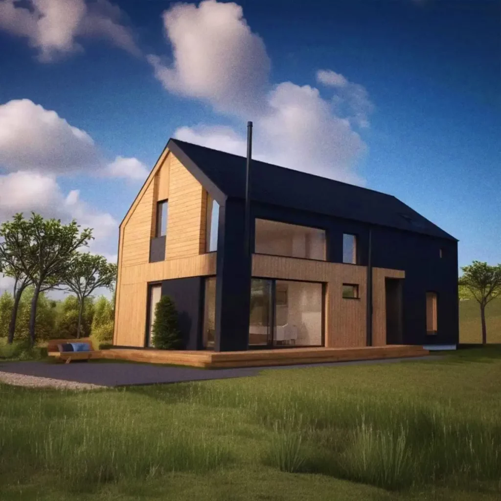 Современный дом из дерева и стекла на закате