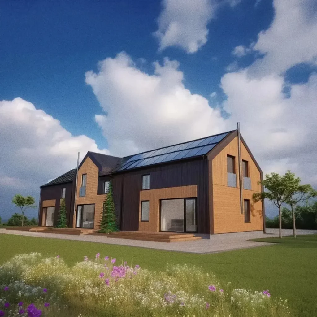 Современный дом с солнечными панелями и садом