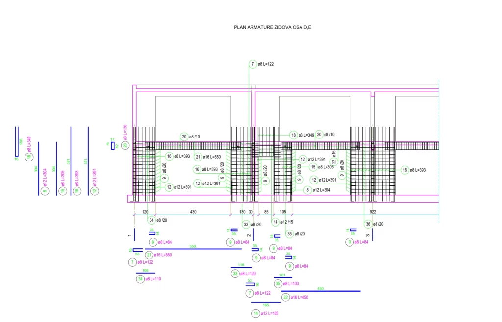 планы расположения несущих конструкций, решения по армированию стен, колонн, балок и плит перекрытия