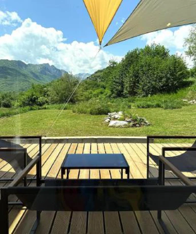 Patio deck with mountain view and shade sails
