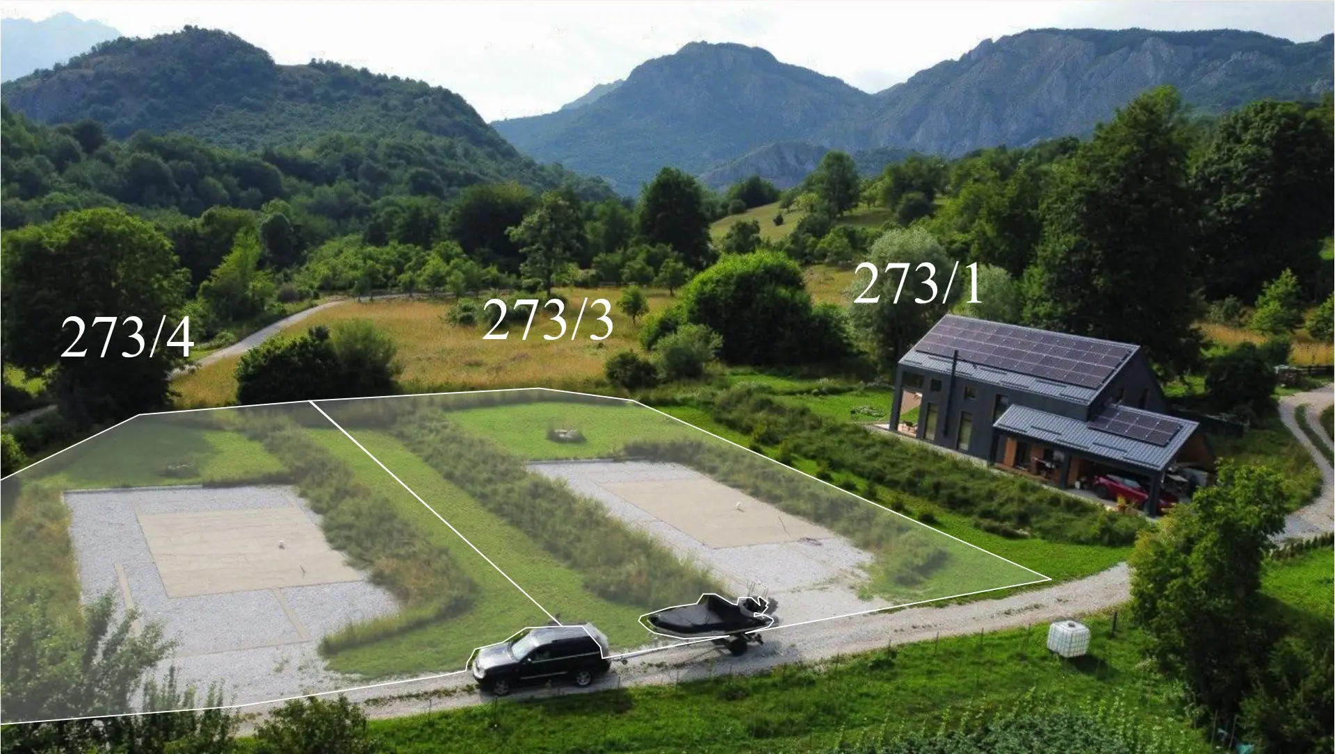 Drone view of plots 273/3 and 273/4 with the first built villa